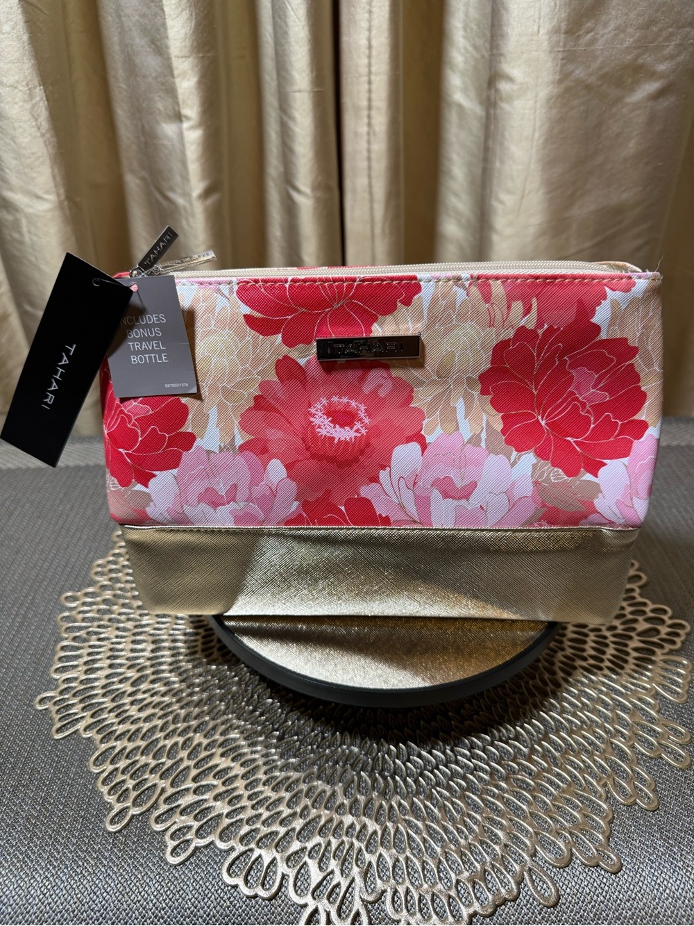 Tahari Floral Cosmetic/Makeup Bag - Pink & Gold Metallic